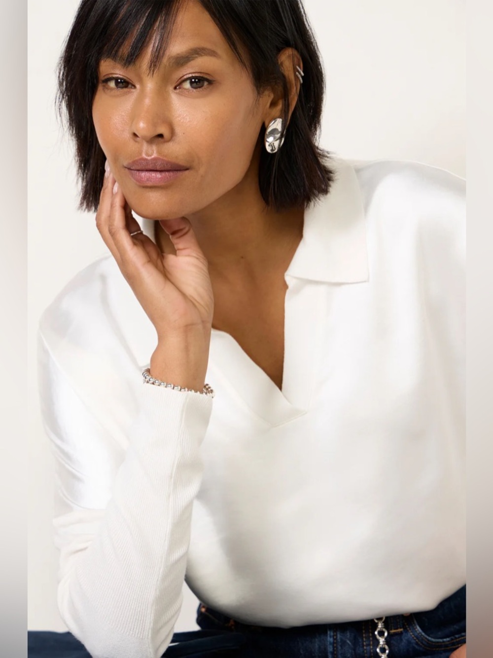 NWT MELISSA NEPTON Tina Mixed Media Top Long Sleeve Collared Blouse White Large - Picture 4 of 11